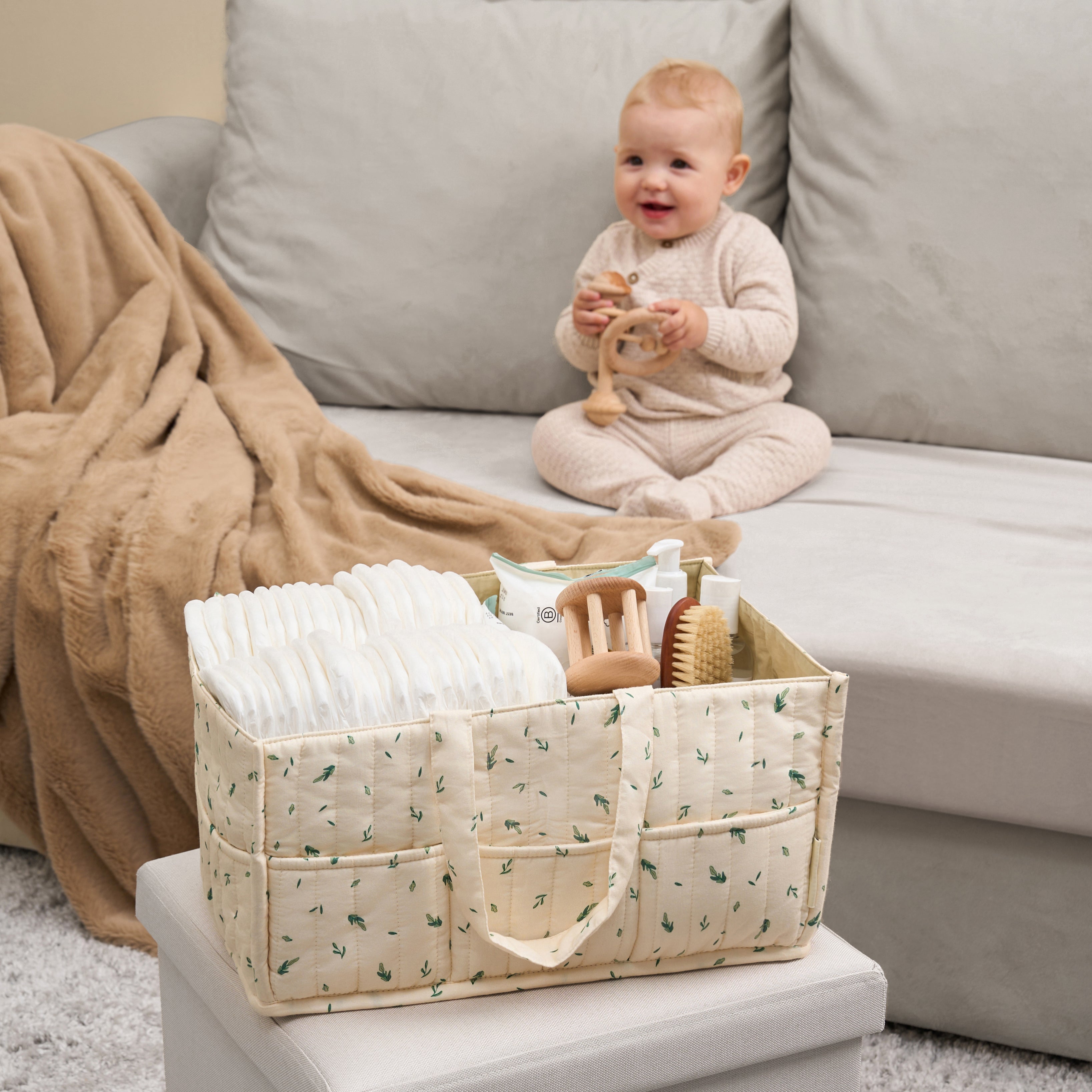 Organic Cotton Nappy Caddy - Linen Leaf