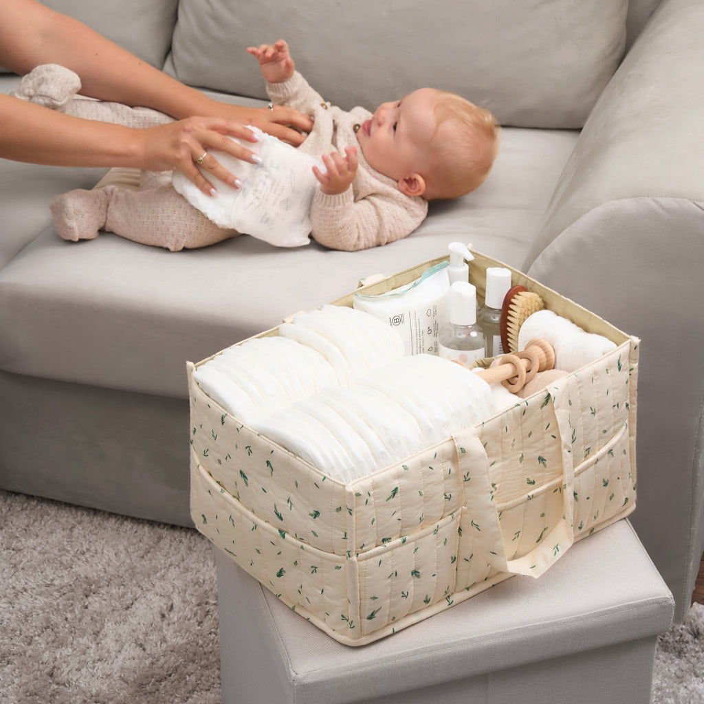 Organic Cotton Nappy Caddy - Linen Leaf