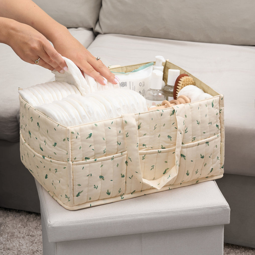 Organic Cotton Nappy Caddy - Linen Leaf