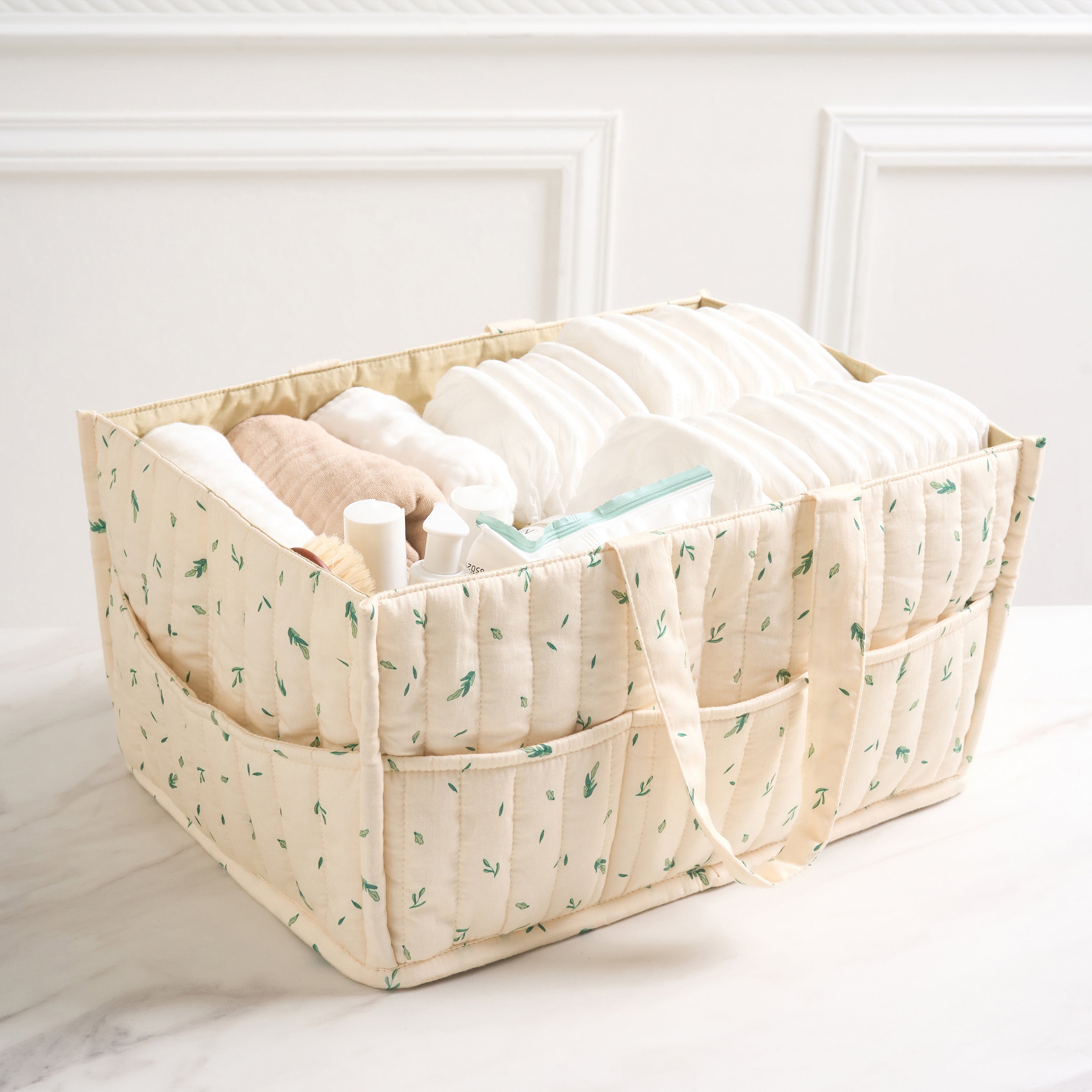 Organic Cotton Nappy Caddy - Linen Leaf